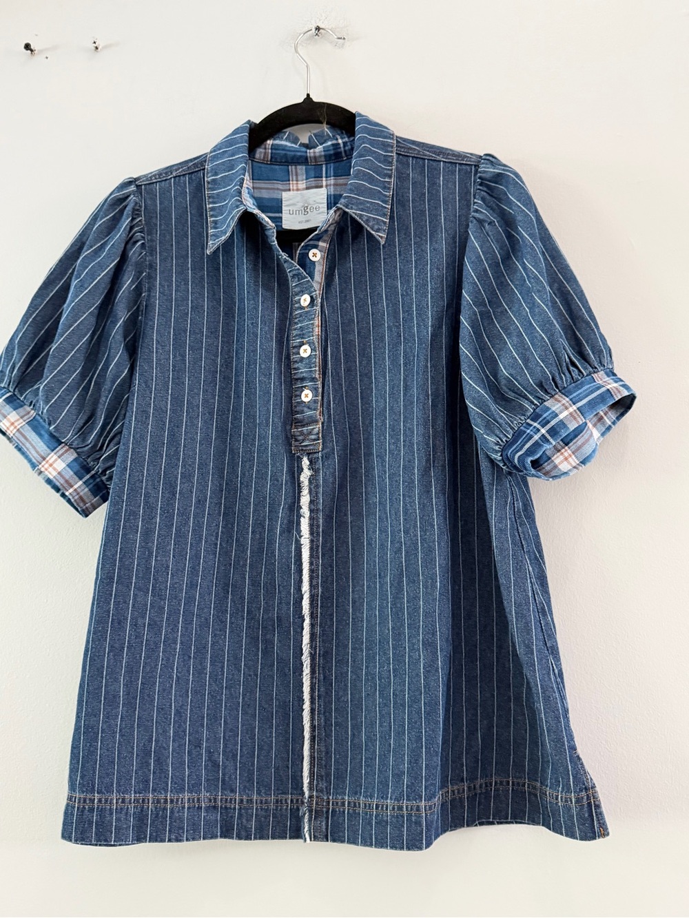 Umgee Blue Pinstripe Denim Puff Sleeve Shirt